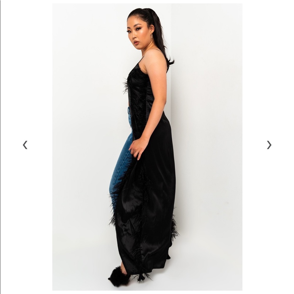 Black Fab Luxe Satin Ostrich Feather Open Front Duster Top - Picture 5 of 7